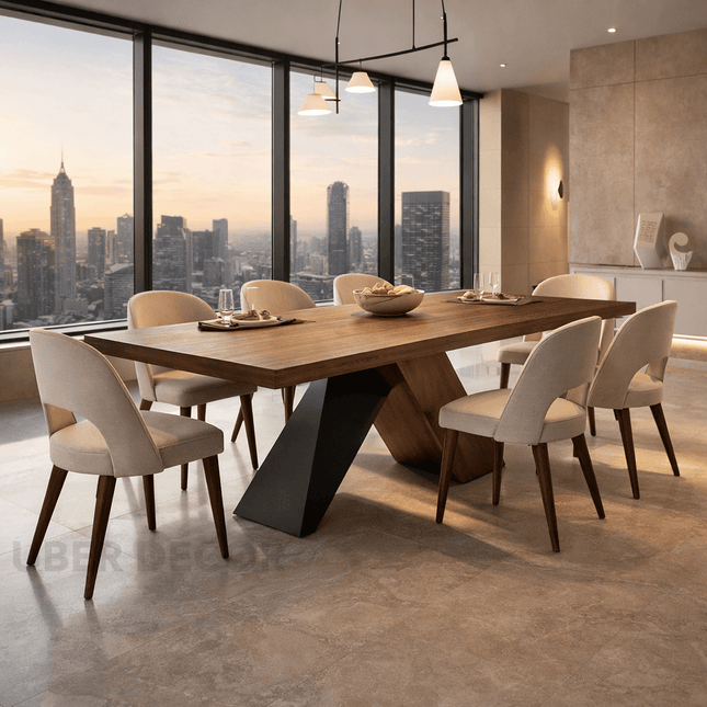 Marvello Solid Wood Dining Table Modern Contemporary Design with Sculptural Wooden Base for Formal Dining Room