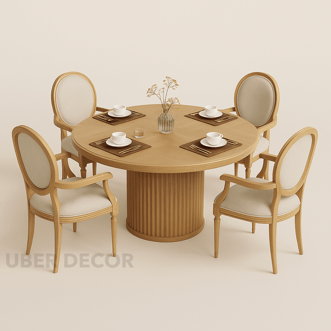 Bellewood French Round Dining Set – Custom Solid Wood with Upholstered Chairs, 4 Seater for Formal Dining Room