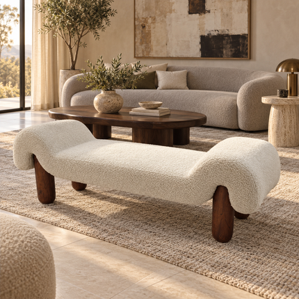 Nola Curve – Modern Sculptural Boucle Bench Ready to Ship Luxury End-of-Bed & Accent Bench for Bedrooms, Living Rooms and Lounges