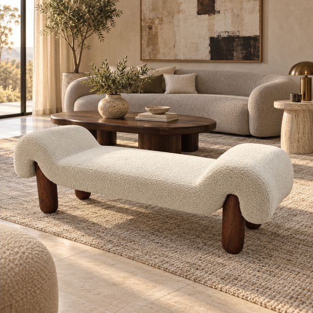 Nola Curve – Modern Sculptural Boucle Bench Ready to Ship Luxury End-of-Bed & Accent Bench for Bedrooms, Living Rooms and Lounges