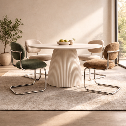 Belmoor Round Dining Table Sculptural Pedestal Design Mid Century Modern Japandi Inspired Fluted Base Dining Furniture for Dining Room