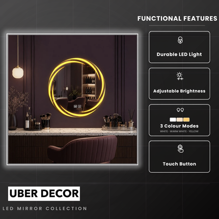 Swirlora Artistic Round Shaped Frameless Front or Backlit Mirror with LED Lights- Touch Sensor Mirror for Bathroom and Bedroom