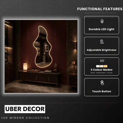 Ember Sculptural Frameless LED Wall Mirror with Front or Back Lit for Modern Interiors