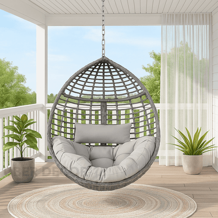 StoneNest Cocoon Swing Chair – Minimal Outdoor Elegance | Wabi Sabi Comfort Design | Japandi Inspired | Balcony & Study Room Swing Chair for Terraces, Living Rooms, Gardens & Porches
