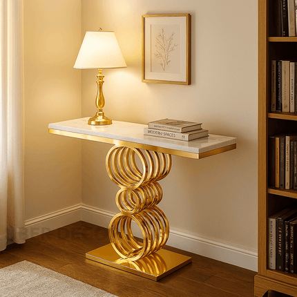 Helios Coil Display Table – Custom Marble Top & Sculptural Gold Ring-Stack Base Mid‑Century Modern Accent