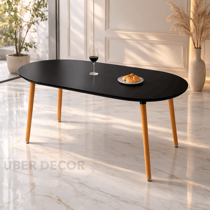 Nordelle Oval Dining Table Scandinavian Mid Century Modern Japandi Design Black Tabletop with Wooden Tapered Legs Dining Table for Dining Room