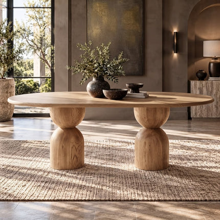 Avelor Oval Dining Table Natural Oak Finish Sculptural Double Pedestal Ready to Ship Modern Dining Table for Dining Room