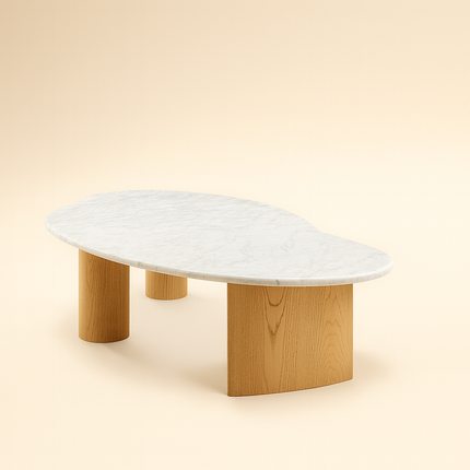 Tangon Functional Mid Century Modern Japandi Coffee Table Scandinavian Organic Freeform Marble Top Wooden Block Legs Center Table for Living Room