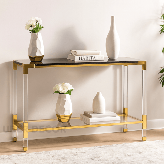 Lumina Luxe Mid-Century Modern Display Table – Clear Tempered Glass Top with Gold & Lucite Accents for Entryway or Living Room