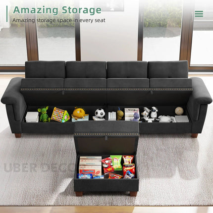 Lima Sectional Sofa- L-Shaped 4 Seater Convertible Couch with Storage Chaise- Reversible Sectional Couch with Cup Holders & Table
