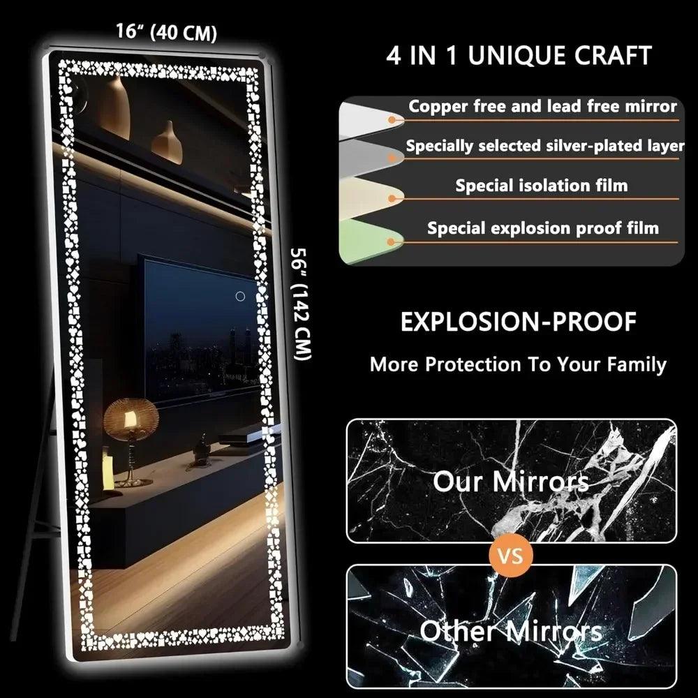 PokerFace Led Mirror- Rectangle Shape Aluminium Framed LED Full Length Mirror with Touch Button, 3 Colour Changing Mode and Stand