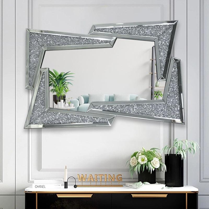 Hestia's Radiance: Angled Silver Crushed Glass Diamond Crystal Mirror for Bedroom or Living Room