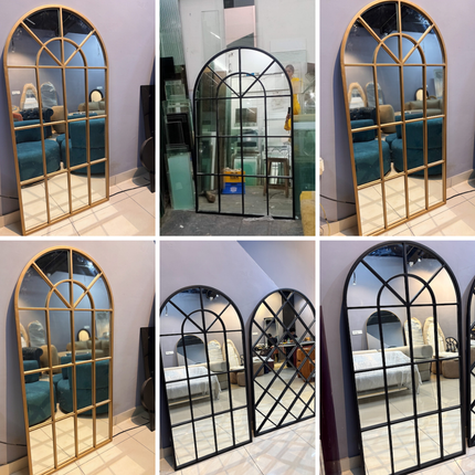 French Arch Oversized Window Style Mirror - Full-Length Arched Metal Frame Mirror