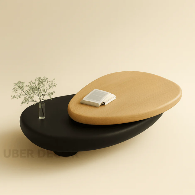 Songhua Contemporary Mid Century Japandi Coffee Table with Organic Two Tone Sculptural Design and Solid Wood Top