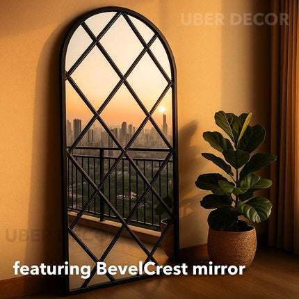 BevelCrest- Decorative French Country Window Grid Style Full Length Arched Wall Mirror for Living Room