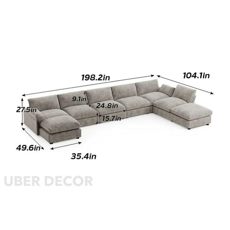 Manila 198" U-Shaped Sofa- 8 Seater Oversized Sectional Sofa with Reversible Toffee Chair & Movable Footrest - Uber Decor