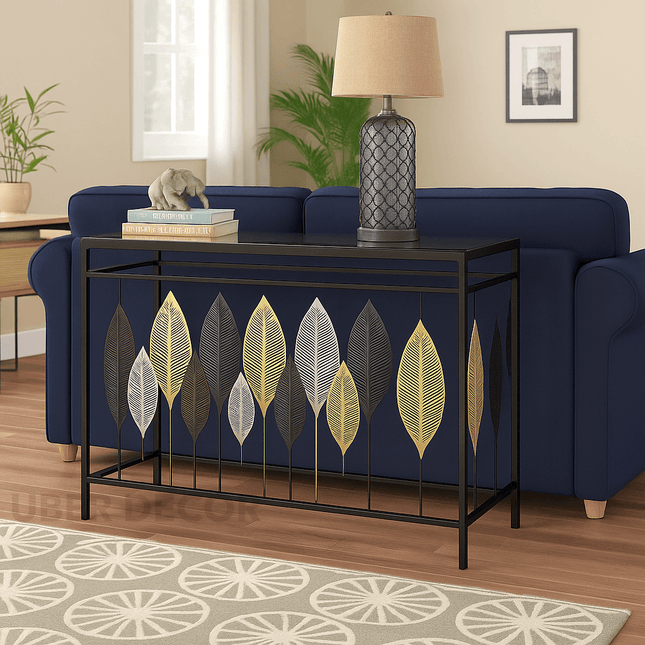 Leafscape Console Table – Glass Top with Metal Leaf‑Motif Front & Slim Frame Entry Accent