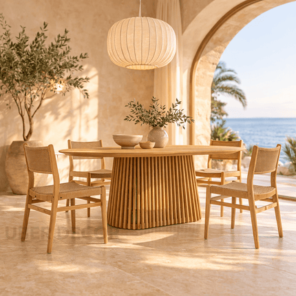 Kael Dining Table Japandi Scandinavian Design with Slatted Wooden Pedestal Base and Oval Top for Dining Room