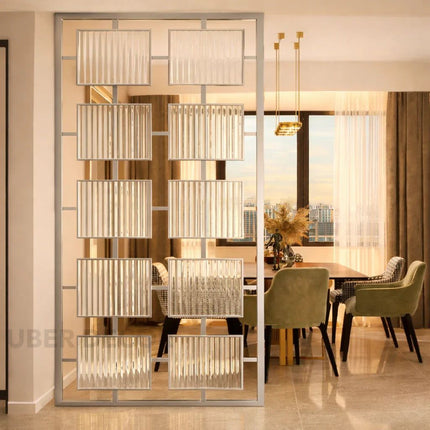 RINZO Glass And Stainless Steel Room Divider Glass Partition For Dining Area Living Room And Open Interiors