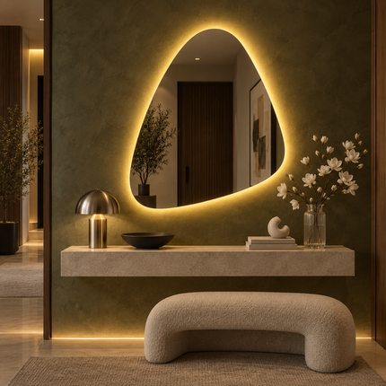 Trikon Geometric LED Mirror – Frameless Wall Hanging Mirror with Front or Back Lit for Vanity & Bathroom