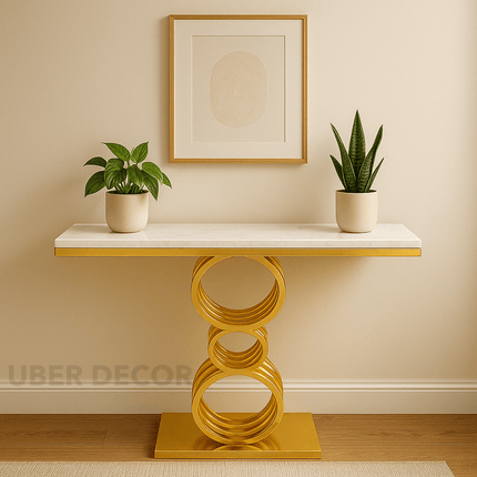 Helios Coil Display Table – Custom Marble Top & Sculptural Gold Ring-Stack Base Mid‑Century Modern Accent