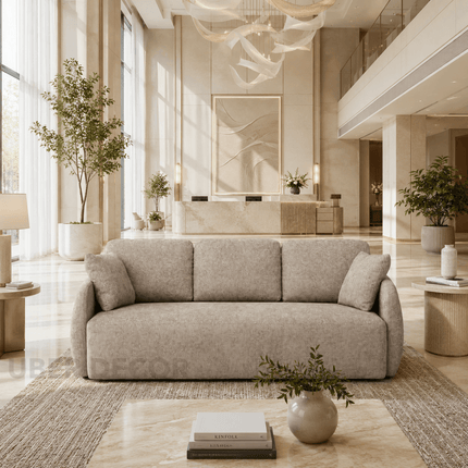 Suwon pull-out sofa bed – side view showing slim profile and upholstered back