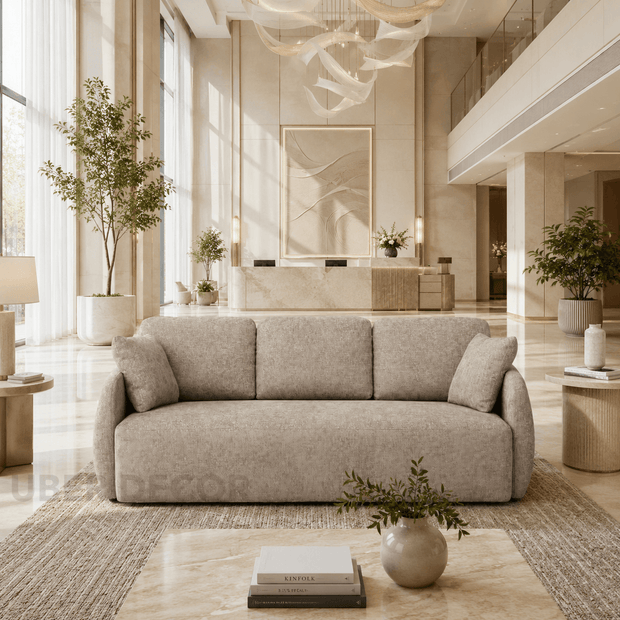 Suwon pull-out sofa bed – side view showing slim profile and upholstered back