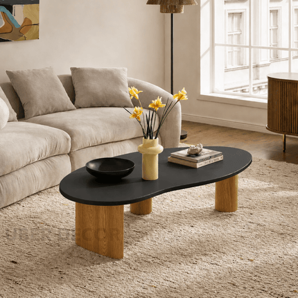 Tangon Mid Century Modern Japandi Coffee Table with Organic Freeform Wooden Top and Wooden Block Legs for Living Room