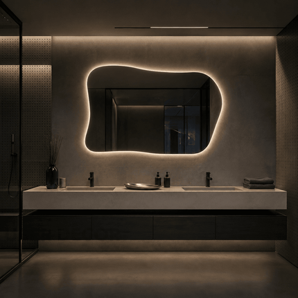 Riva Wide Curve Frameless LED Vanity Mirror Available in Front or Back Lit for Double Vanity and Modern Interiors