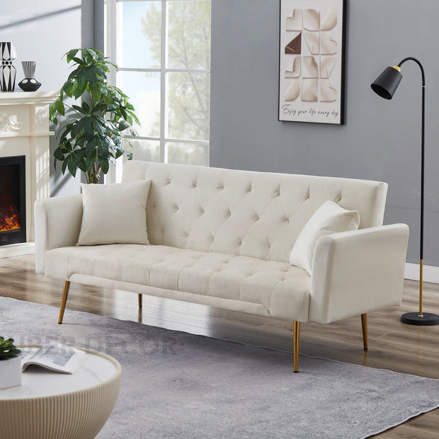 Lisbon 71" Futon Sofa- Modern Tufted Convertible Futon Couch with 3 Adjustable Backrest & and Gold Metal Legs - Uber Decor