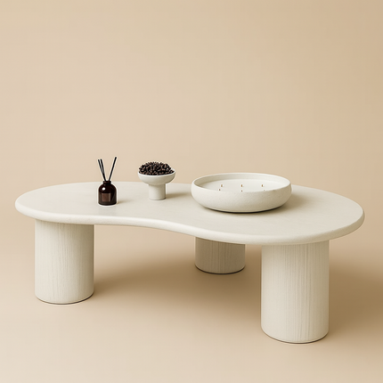 Amur Organic Mid Century Japandi Freeform Coffee Table – Solid Wood Top with Cylindrical Legs, Natural Matte Finish – Sculptural Centerpiece for Living Room
