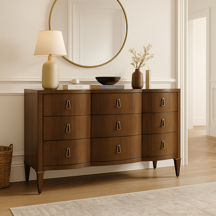 Lusanne Curved Front 9-Drawer Mid-Century Modern American Walnut Cabinet for Living Room, Bedroom & Entryway