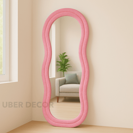 Velvet Wave Irregular Wall Mirror - Upholstered Suede Velvet Frame, Asymmetric Full-Length Body Mirror for Modern Home Decor