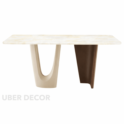 Griha Dining Table with Marble Tabletop and Solid Wood Base Inspired by Warm Indian Homes for Elegant Dining Rooms