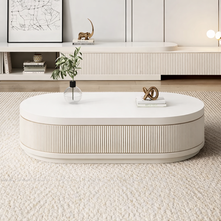 Orlin Crest TV Unit with Coffee Table  – Luxury Fluted Console, Rounded Corner Design, Low Base, Living Room Entertainment Unit