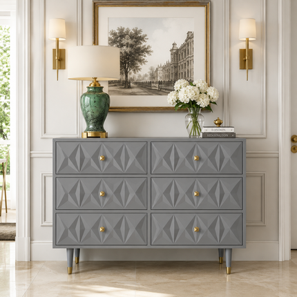 Sierra Luxe 6-Drawer Mid-Century Modern Geometric Cabinet with Tapered Legs for Bedroom, Living Room & Entryway