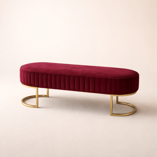 VelvetGleam Bedroom Bench - Upholstered Ottoman with Golden Legs - Extra-Long Footrest for End of Bed & Entryway