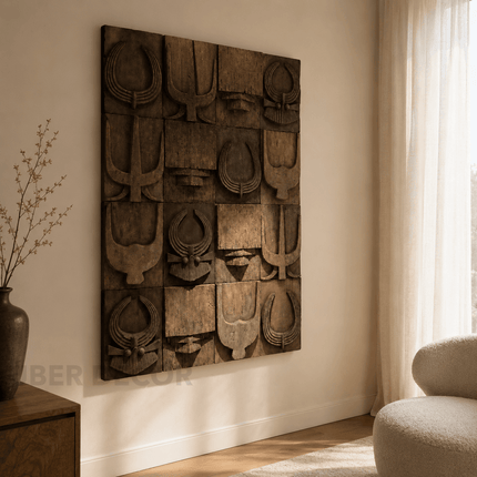Ancestral Grid Afro Modern Wood Wall Art – Symbol Relief Sculpture