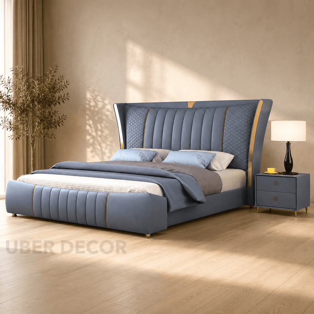 Nocturne Crest Wingback Bed – Gold Accent Luxury Master Bed
