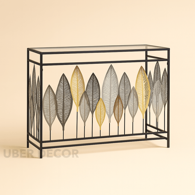 Leafscape Console Table – Glass Top with Metal Leaf‑Motif Front & Slim Frame Entry Accent