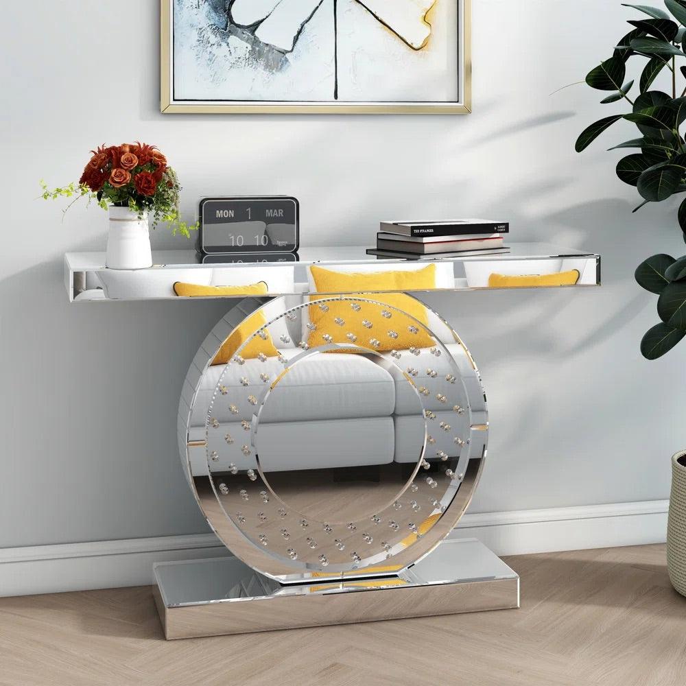 Aurora Chic- Dazzling Circular Silver Glass Luxury Mirrored Console Table for Living Room