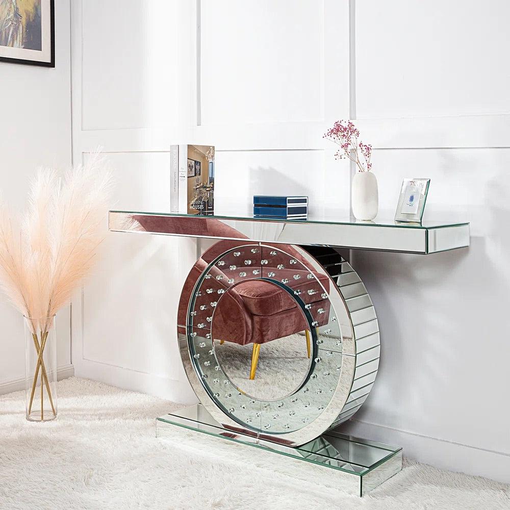 Aurora Chic- Dazzling Circular Silver Glass Luxury Mirrored Console Table for Living Room