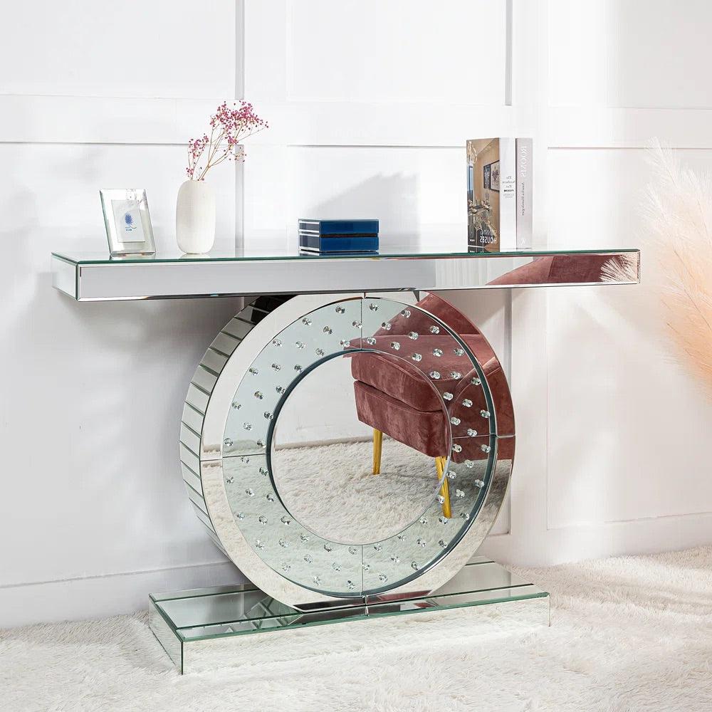 Aurora Chic- Dazzling Circular Silver Glass Luxury Mirrored Console Table for Living Room