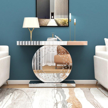 Aurora Chic- Dazzling Circular Silver Glass Luxury Mirrored Console Table for Living Room