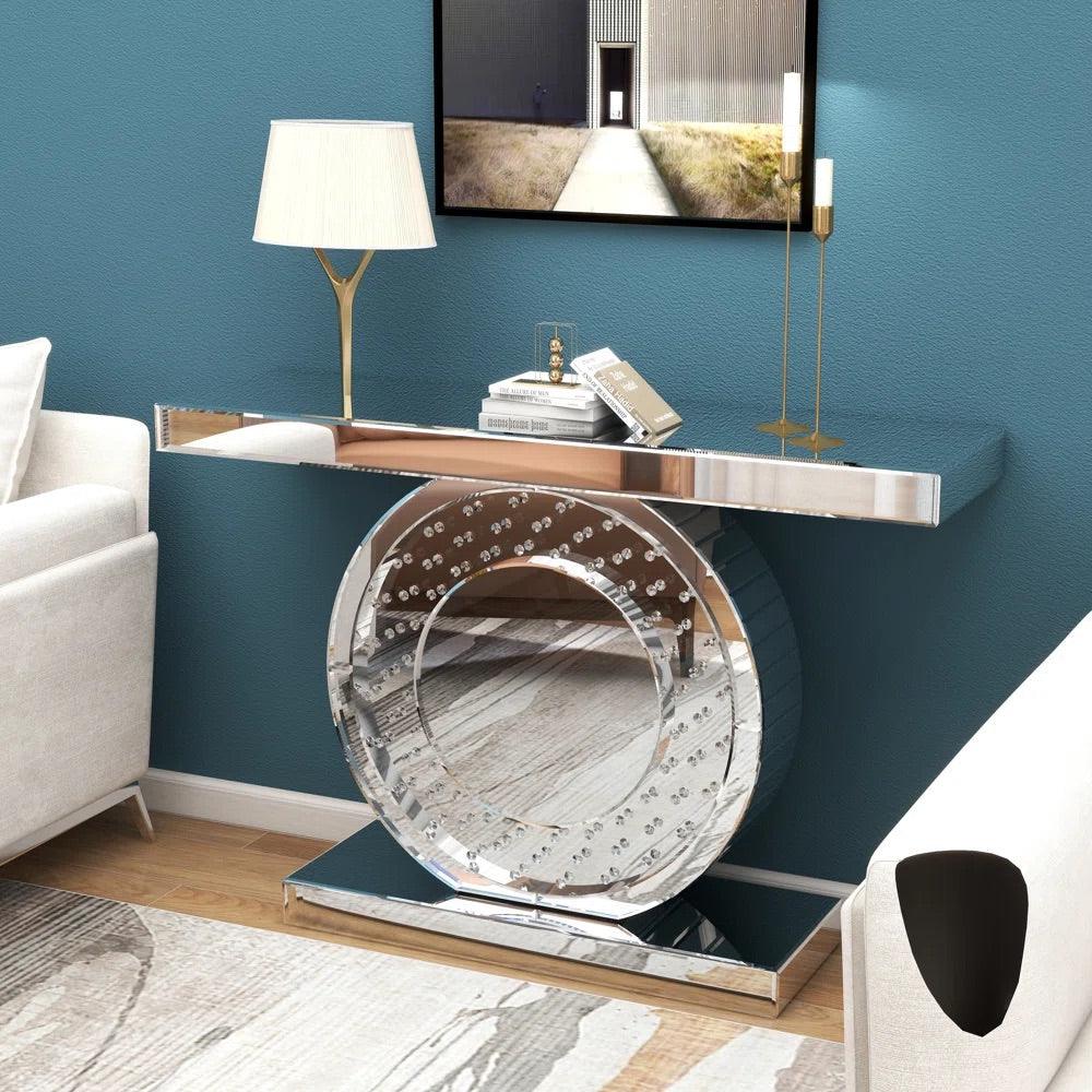 Aurora Chic- Dazzling Circular Silver Glass Luxury Mirrored Console Table for Living Room