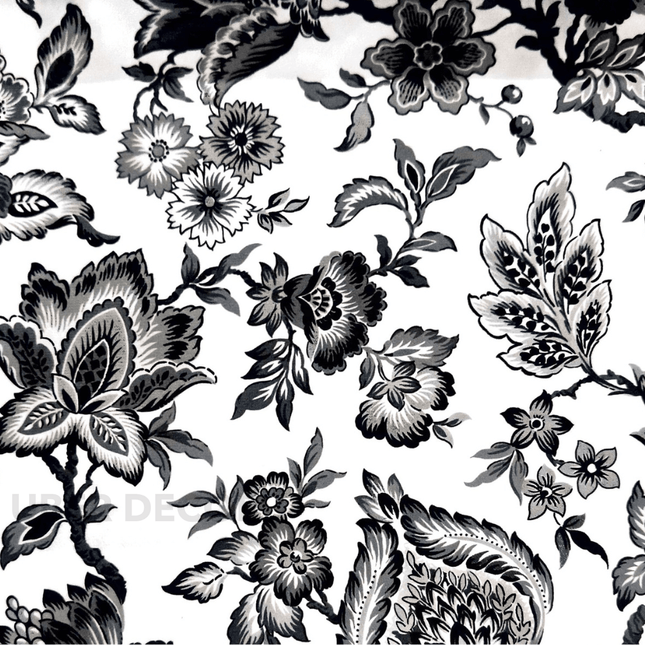 Istanbel Martar - Black & White Heritage Floral Printed Suede Upholstery Fabric- Monochrome Vintage Floral
