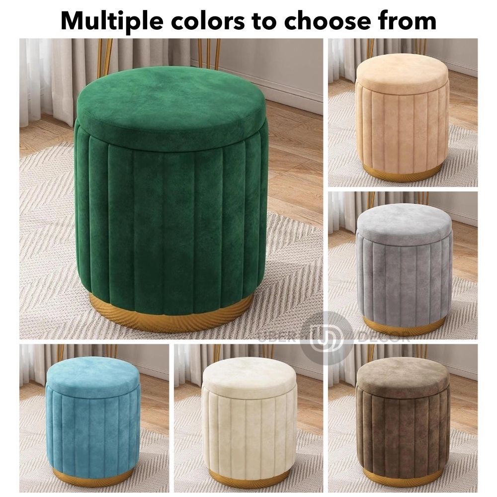 Drum Roll Round Storage Ottoman- Modern Footrest Stool with Removable Lid & Gold Metal Base - Storage Stool Chair Modern Living Room Furniture