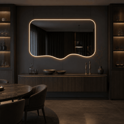 Vale Frameless Wavy LED Wall Mirror with Front or Back Lit for Powder Room and Modern Interiors
