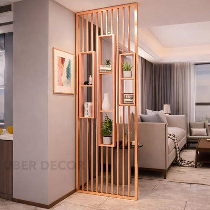 ELION Stainless Steel Vertical Slat Room Partition Divider With Open Display Shelves For Living Room And Home Office