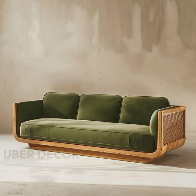 Hanoi Modern 3-Seater Wooden Sofa Luxury Couch with Woven Side Panels for Living Room